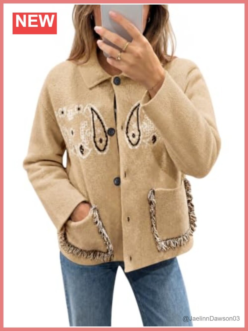 Womens Boho Cardigan Fringe Paisley Sweater with Pockets